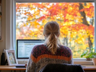 Person in a sweater, focused on work at a desk, with fall leaves visible outside