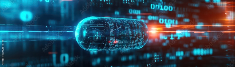 Poster AI capsule, surrounded by floating binary code, dark scifi environment