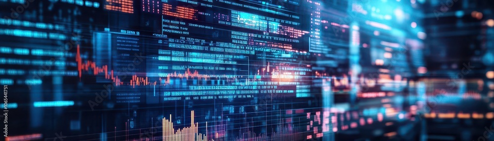 Poster AI algorithm processing financial data with a futuristic lens effect, hologram overlay, dark aesthetic with glowing accents, ultrarealistic
