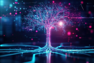 Fototapeta premium A network of liquid veins supporting a digital growth tree, surrealist neon colors, intricate linework, dark background