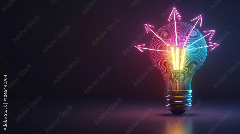 Poster 3D glowing lightbulb in multicolored gradients, arrows pointing from multiple directions, holographic effect, glossy finish, digital art style