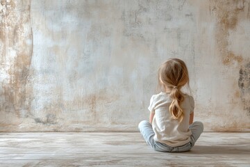 A young child sits quietly on the floor, gazing at a textured, neutral wall in a calm indoor space