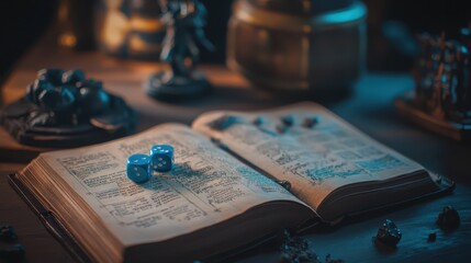 Fototapeta premium Tabletop adventure book setup for an RPG session, with open pages, blue dice, and miniatures set on a character sheet, capturing the essence of a classic TTRPG scene