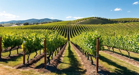 Obraz premium Sunny vineyard with grapevines rolling hills and bright sky