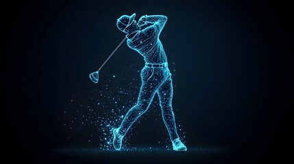 Holographic Golfer in Dynamic Mid Swing on Futuristic Neon Lit Background