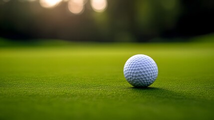 Obraz premium Serene Golf Ball Resting on Lush Green Fairway with Soft Sunlight and Shadows