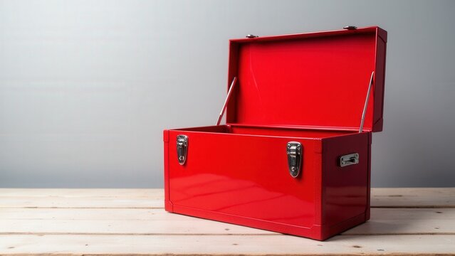 Open red toolbox on a gray background, showcasing its rugged design and storage capability