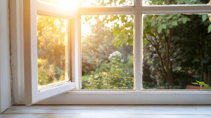 Obraz premium Vintage Wooden Window Sill with Soft Sunlight Streaming Through Lush Garden Scenery