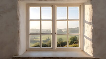 Fototapeta premium Vintage Window Frame Overlooking Serene Countryside Landscape in Warm Morning Light