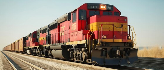 A red and yellow train is traveling down the tracks