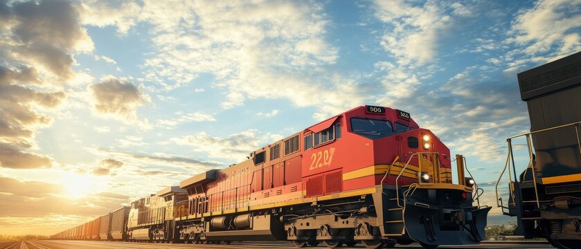 The train is carrying a large amount of cargo, and the sky is filled with clouds