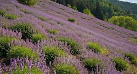 Fototapeta premium Violetcovered hillside with soft purple flowers and greenery