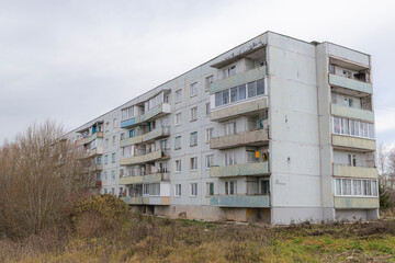 Soviet-era panel apartment building in Krasnofarforny, Leningrad region, Russia, showcasing typical...