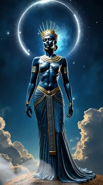 Majestic Nut, Egyptian goddess of the sky, standing under a bright moon, exuding power and wisdom with gold adornments