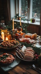 Swedish Julebord spread, featuring meatballs, gravlax, ham, and pickled herring, served on a wooden table with candles, festive holiday mood, cozy lighting
