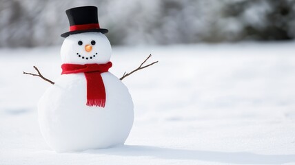 Fototapeta premium A cheerful snowman stands in a snowy landscape, adorned with a hat and scarf, exuding a classic winter vibe.