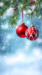 A red and white Christmas ornament hanging from a tree branch