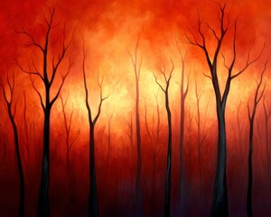 Obraz premium A dramatic scene of bare trees silhouetted against a fiery orange sky, evoking a sense of desolation and beauty in a forest landscape.