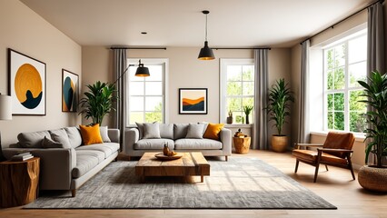Fototapeta premium Modern living room with minimalist decor and wooden accents