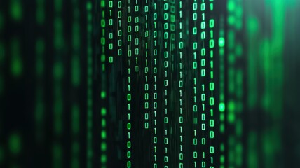 Binary code streams in green over a dark background, representing digital data and technology themes.