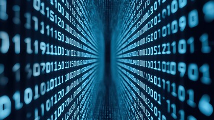 A visually striking image depicting a tunnel of binary code, representing data flow and digital communication in a futuristic style.