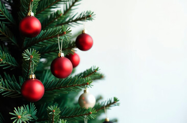 Fototapeta premium Close up view of christmas fir branches with shiny red balls, xmas ornaments and lights, christmas holidays background