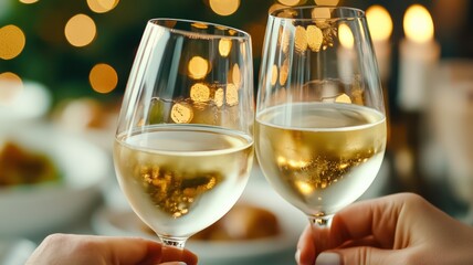 Obraz premium Two glasses of white wine clink together, creating a festive atmosphere with blurred lights and a warm background.
