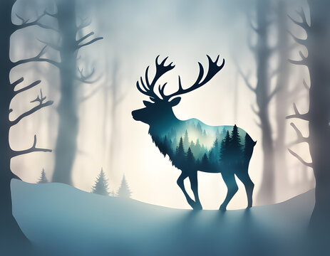 Winter forest illustration inside a reindeer silhouette, using double exposure to create a magical and ethereal effect.