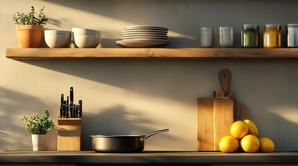Guest house kitchen with rustic shelves, warm wood tones, and farmhouse decor, inviting feel