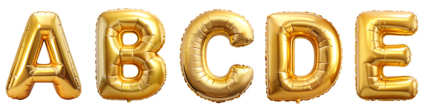 Set of letters A-E, alphabet made of golden balloons isolated on transparent background with outline. Concept for design.