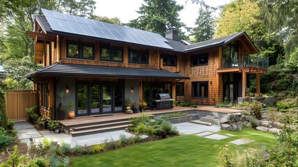 Fototapeta premium An eco-friendly home exterior with solar panels and energy-efficient windows