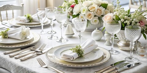 Fototapeta premium Elegant White Table Setting with Cutlery, Glassware, and Napkin - Top View Photography for Stylish Dining and Event Planning