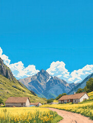 Fototapeta premium Serene Andean Farming Community Under Blue Sky