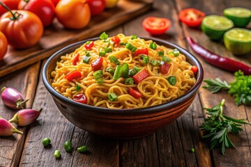Irresistibly cooked Maggi noodles styled under studio lighting, perfect for captivating food photography and sparking culinary creativity in your kitchen adventures.
