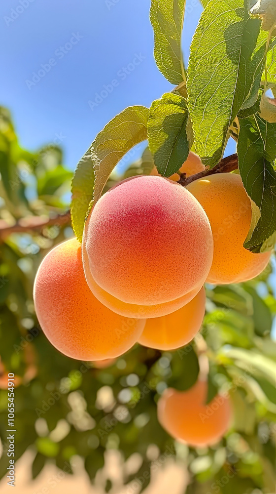 Poster juicy ripe peaches with a hint of blush are clustered on branches, illuminated by sunlight in a vibr
