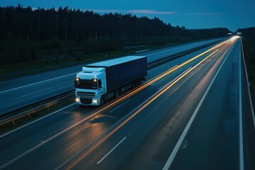 Lone logistic truck speeding down a highway at dusk with motion blur