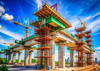 Obraz premium Elevated Expressway Under Construction: Foundation Structure Against Blue Sky in a Vertical Frame - Urban Infrastructure, Engineering, and Architectural Marvels