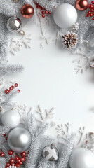 Fototapeta premium Festive snowy christmas wallpaper border with christmas red balls ornament, decoration, gift boxes, pine cones, candy canes, pine tree, snowing, solid orange background with frost on tinsel