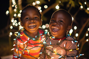 Happy children with light garland. Two kids tied up with Christmas lights, Happy New Year vibes, evening home Christmas celebration, playing with decorations, family decorating Christmas tree