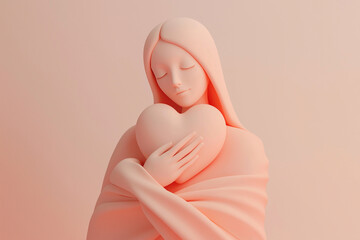 3D illustration of a woman holding a heart. Love, romantic feelings, self acceptance, kindness concept. Embracing a heart, person full of love. Mother's day or Valentine's day greeting card