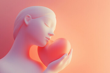 3D illustration of a woman holding a heart. Love, romantic feelings, self acceptance, kindness concept. Embracing a heart, person full of love. Mother's day or Valentine's day greeting card