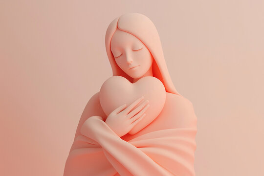 3D illustration of a woman holding a heart. Love, romantic feelings, self acceptance, kindness concept. Embracing a heart, person full of love. Mother's day or Valentine's day greeting card