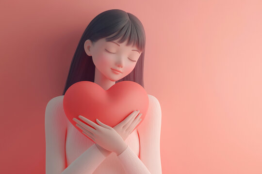 3D illustration of a woman holding a heart. Love, romantic feelings, self acceptance, kindness concept. Embracing a heart, person full of love. Mother's day or Valentine's day greeting card