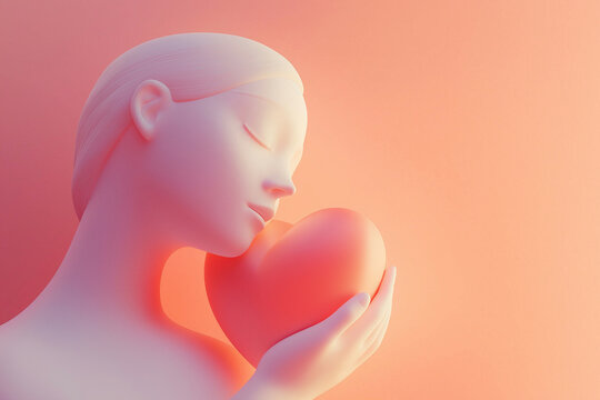 3D illustration of a woman holding a heart. Love, romantic feelings, self acceptance, kindness concept. Embracing a heart, person full of love. Mother's day or Valentine's day greeting card