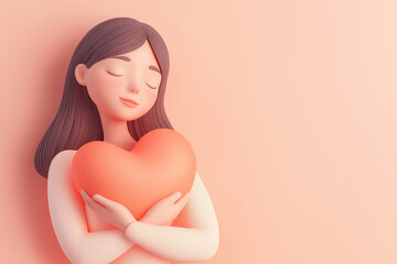 3D illustration of a woman holding a heart. Love, romantic feelings, self acceptance, kindness concept. Embracing a heart, person full of love. Mother's day or Valentine's day greeting card
