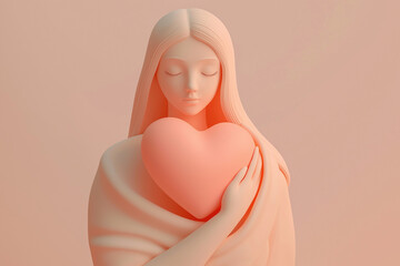 3D illustration of a woman holding a heart. Love, romantic feelings, self acceptance, kindness concept. Embracing a heart, person full of love. Mother's day or Valentine's day greeting card