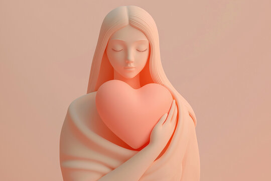 3D illustration of a woman holding a heart. Love, romantic feelings, self acceptance, kindness concept. Embracing a heart, person full of love. Mother's day or Valentine's day greeting card