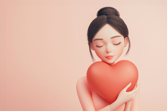 3D illustration of a woman holding a heart. Love, romantic feelings, self acceptance, kindness concept. Embracing a heart, person full of love. Mother's day or Valentine's day greeting card