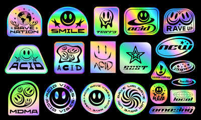Cool Acid Rave Holographic Stickers Vector Design Pack. Y2k Pop Art Trippy Patches.