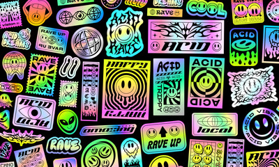 Obraz premium Cool Acid Rave Holographic Stickers Collage Vector Design. Y2k Pop Art Pattern Backgroubnd with Trippy Patches.